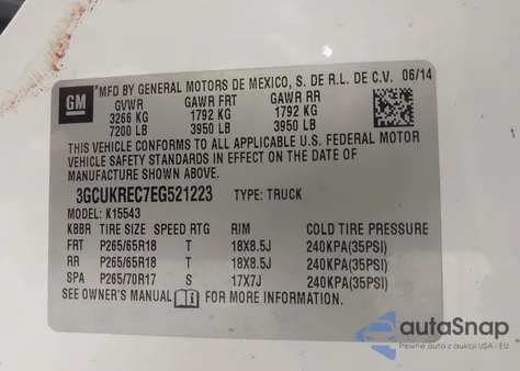 2014 Chevrolet Silverado K1500 Lt z USA, uszkodzony, nr VIN 3GCUKREC7EG521223